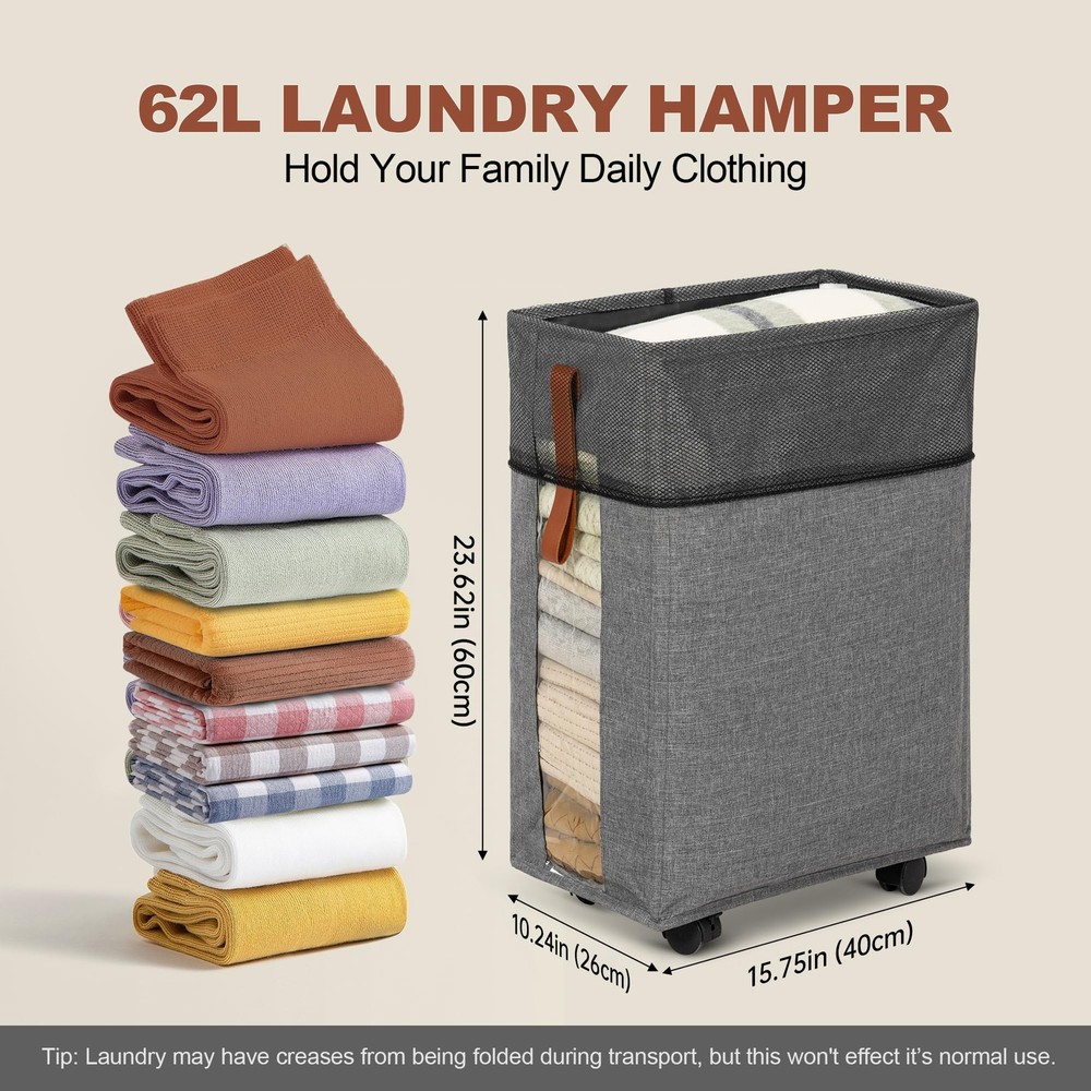 Laundry Hamper Wheels Rolling Basket Clear Window Collapsible Gray 1 PCS