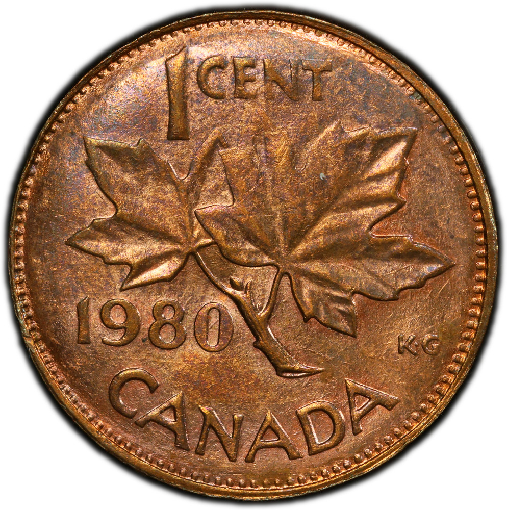Mint Error - 1980 Canada 1 Cent Struck with Two Reverse Dies PCGS MS64 RD