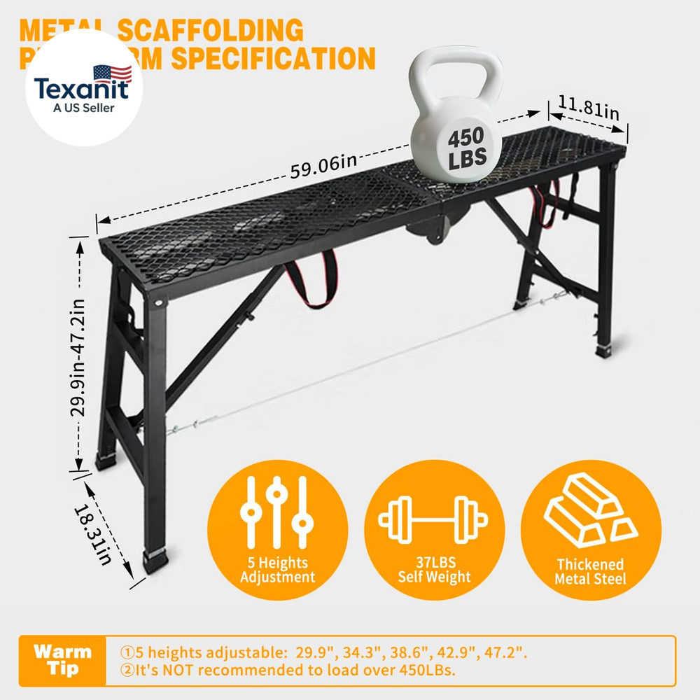Scaffolding Work Platform, 29.9" to 47.2" Height Adjustable Work Platform, Folda