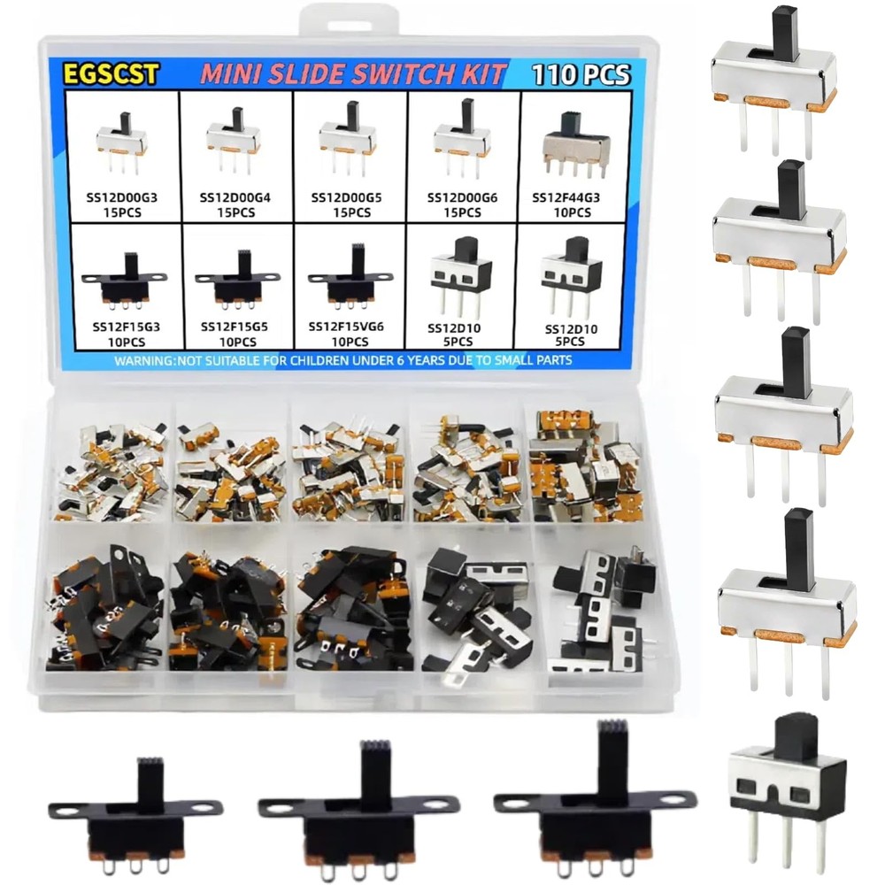 EGSCST 110PCS 9Values SPDT Micro Mini Slide Switch Kit 1p2t Toggle silver