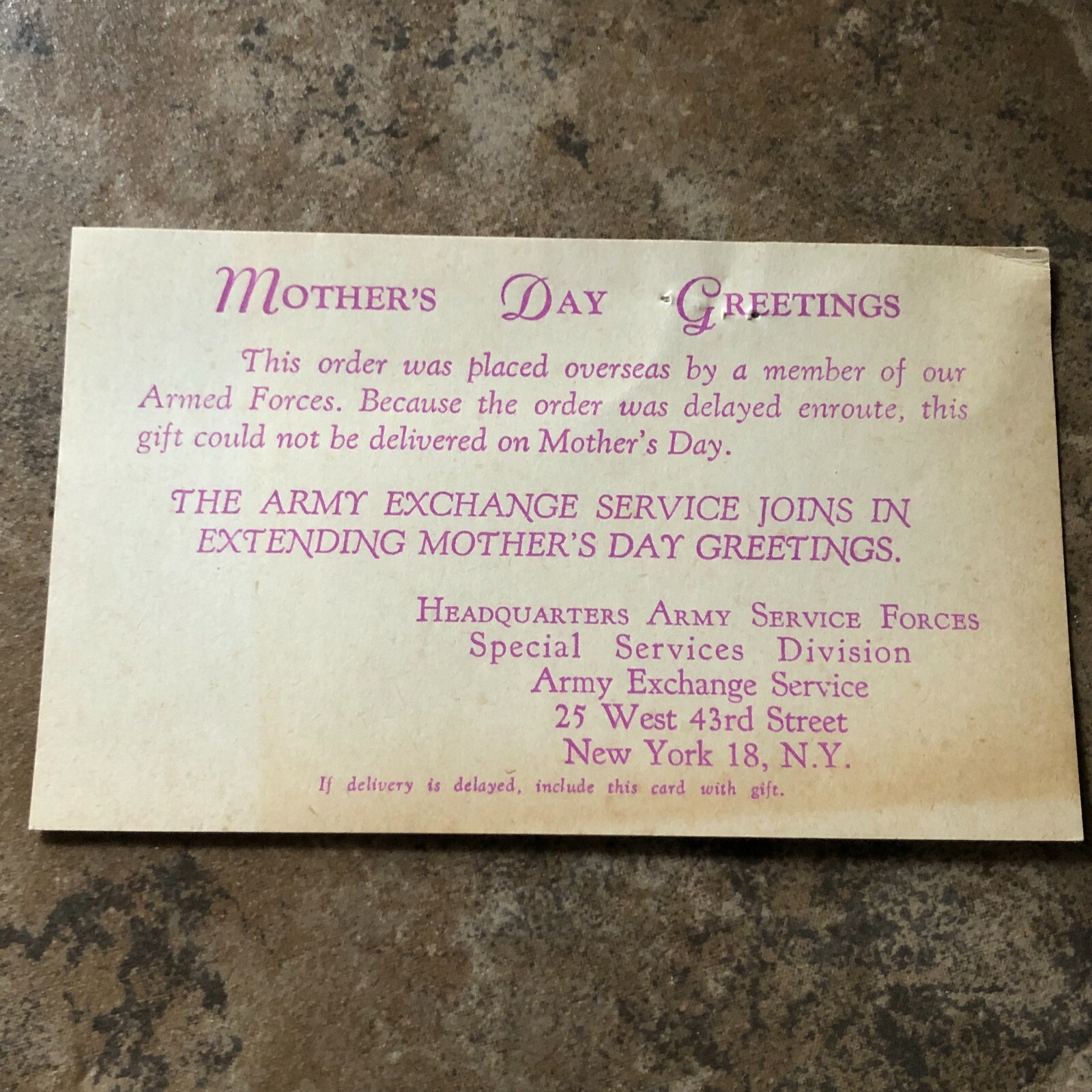 Army Exchange Service Forces WW2 Mother's Day greeting card