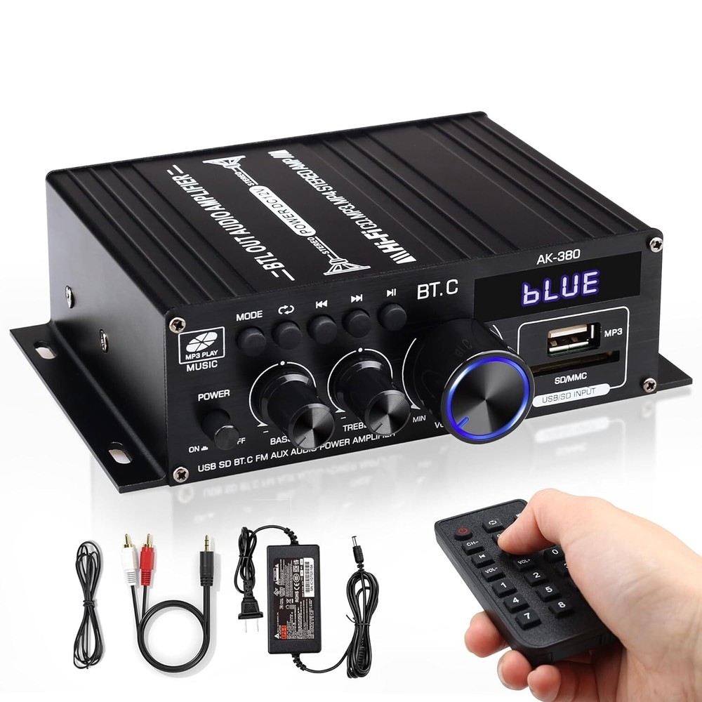 Compact Bluetooth Amplifier with Remote Control - Supports Bluetooth/USB/AUX/RCA