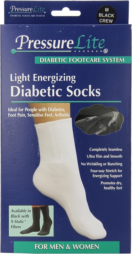 Activa Pressure Lite Light Energizing Diabetic Crew Socks, Black, Medium