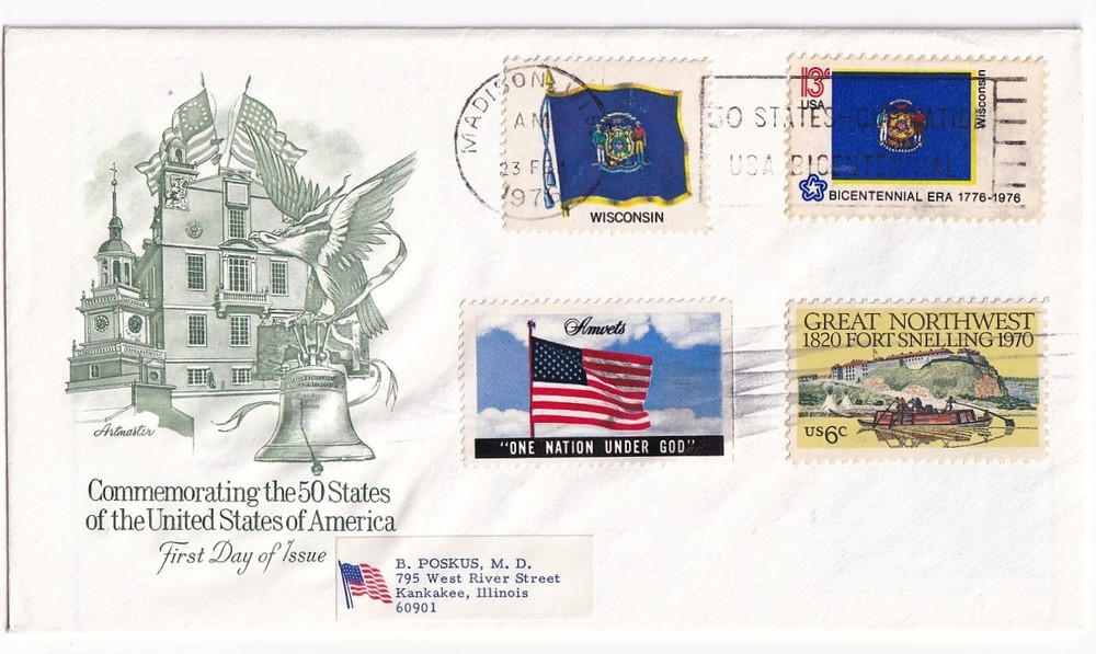 STAMP US SCOTT 1662, 1409 "Wisconsin State Flag" 13 CENT 1976 ENVELOPE - B