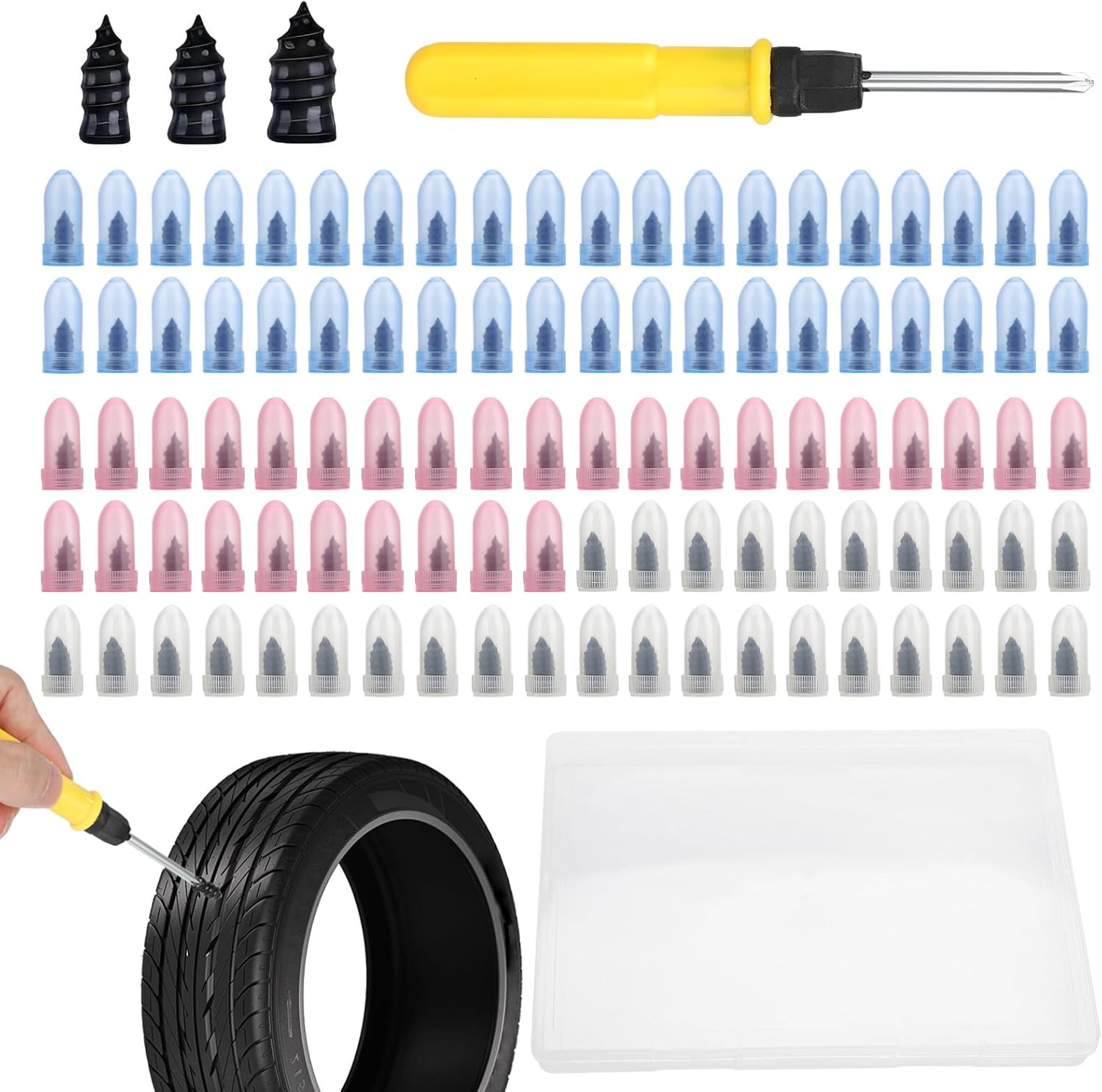 100Pcs Tire Repair Rubber Nails Tyre Puncture Repair Screws Kit w/ Screwdriver