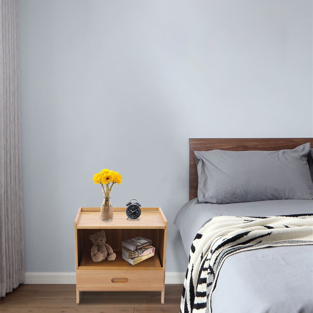 Bedside Nightstand End Table+Drawer— Bedroom Storage Organizer Side Table Bamboo