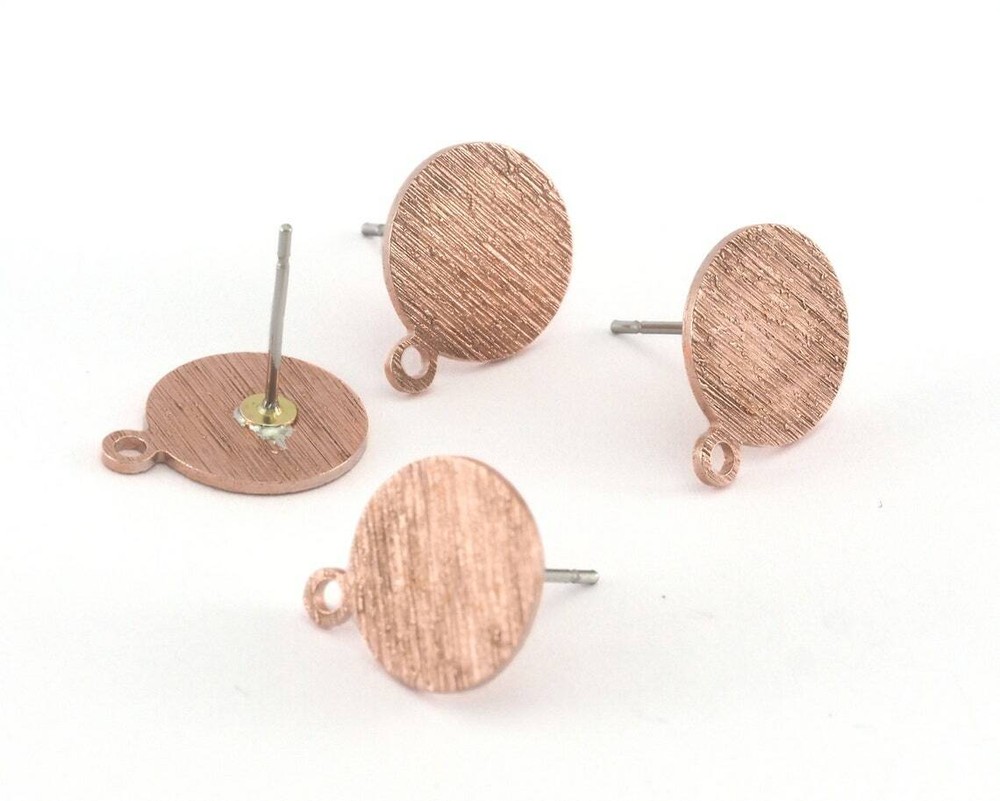 1 pair Brushed Earring Stud Posts 1 loop Circle Raw Copper 15x12mm 3980