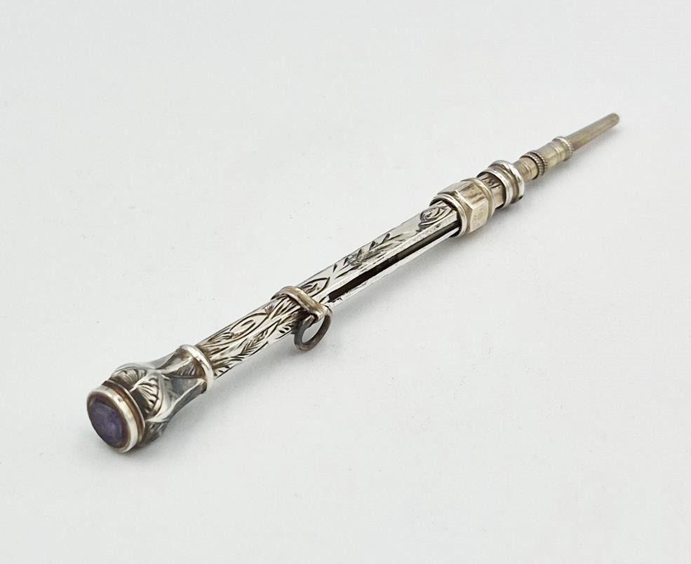 VICTORIAN SOLID SILVER AMETHYST SEAL-TOP SLIDE PENCIL c1870
