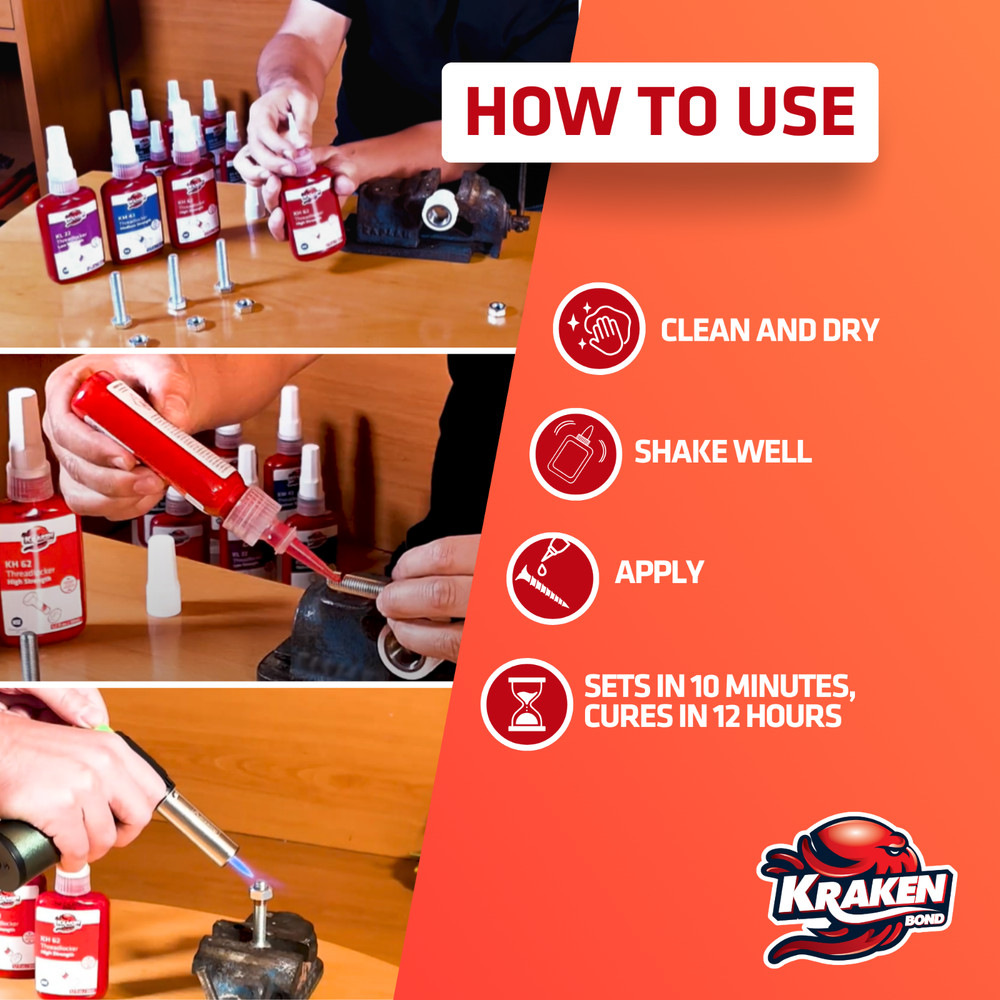 Kraken Bond High Strength Red Threadlocker KH 62 (1.7 oz) - Bundle Pack