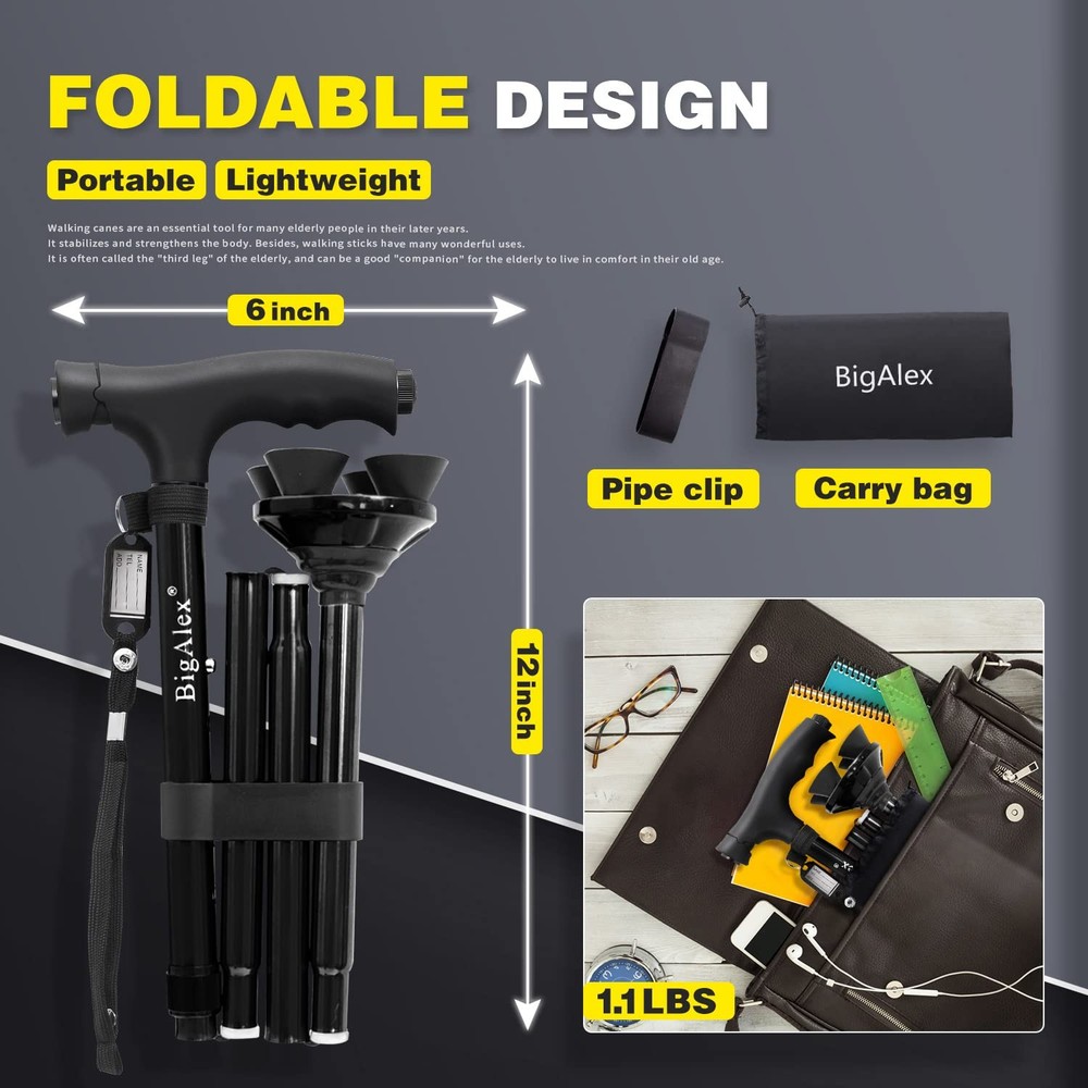 BigAlex Folding Walking Cane with LED Light,Pivoting Quad Base,Adjustable