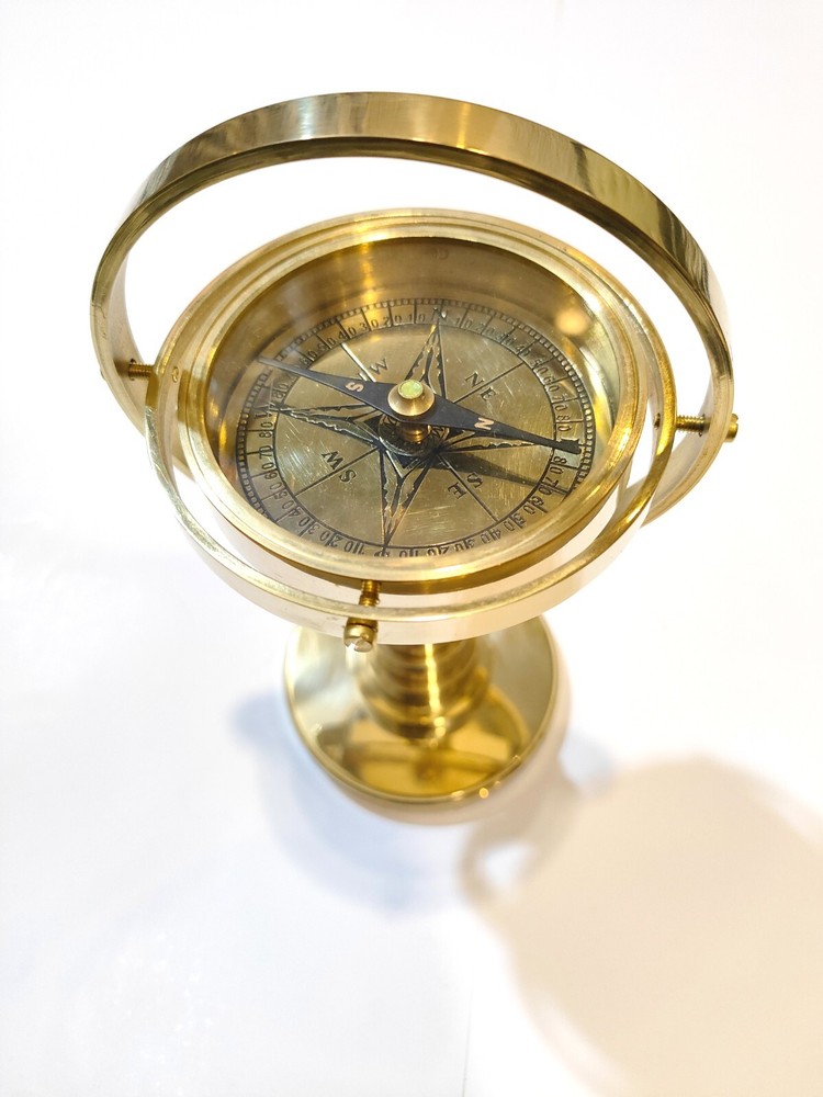Vintage brass handmade floating gimbal compass with designer base navigation