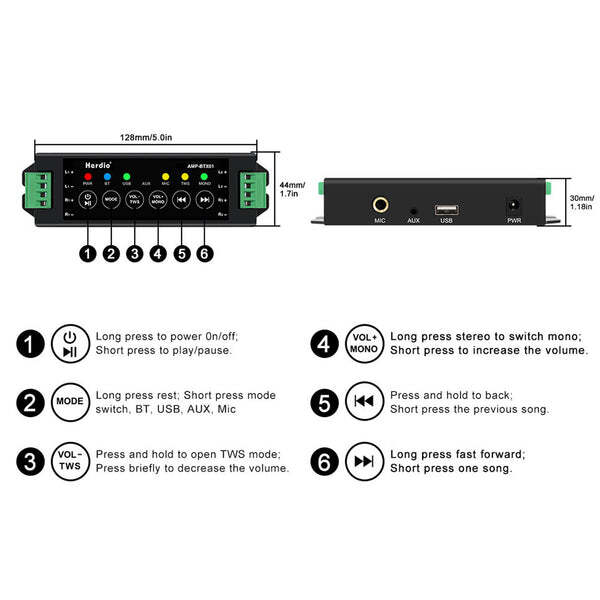 Herdio 4-Channel Bluetooth Amplifier Receiver USB AUX Audio System Device