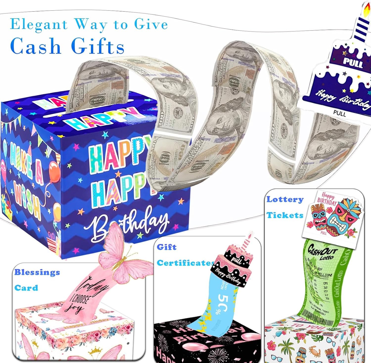 Birthday Money Box for Cash Gift Pull, Surprise Money Roll Gift Box with Pull Ou