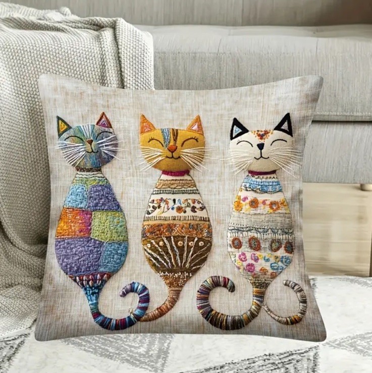 SET OF 2 - 18” 3 SOFT Cat Trio Pillowcase Farmhouse Sofa Pillow Beige Cats