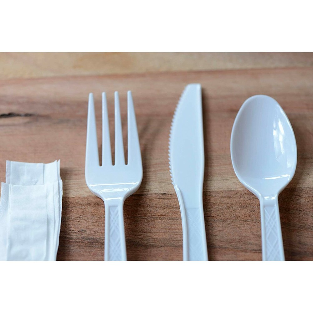 Individually Wrapped Disposable White Plastic Cutlery Kit with Salt & Pepper