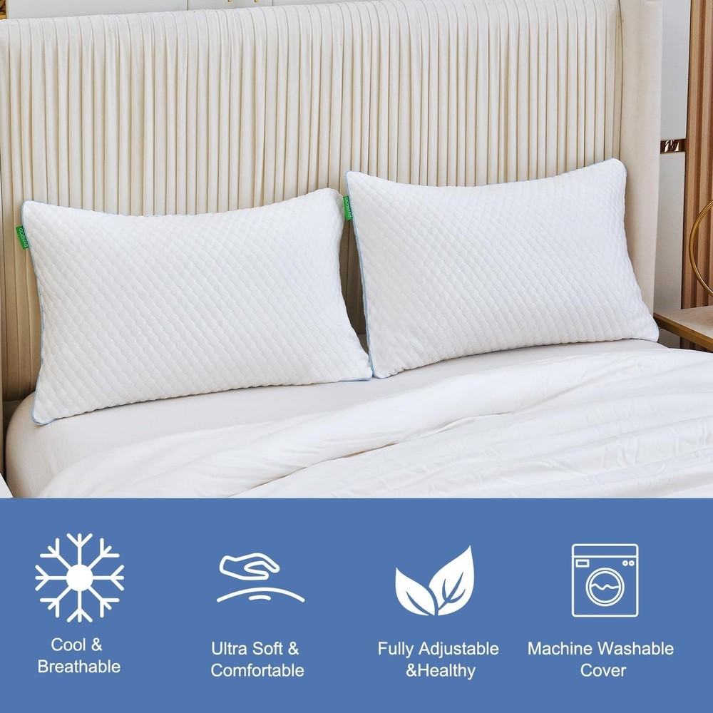 Ergonomic Shredded Memory Foam Pillows for Sleeping - 2-Pack Adjustable Comfort