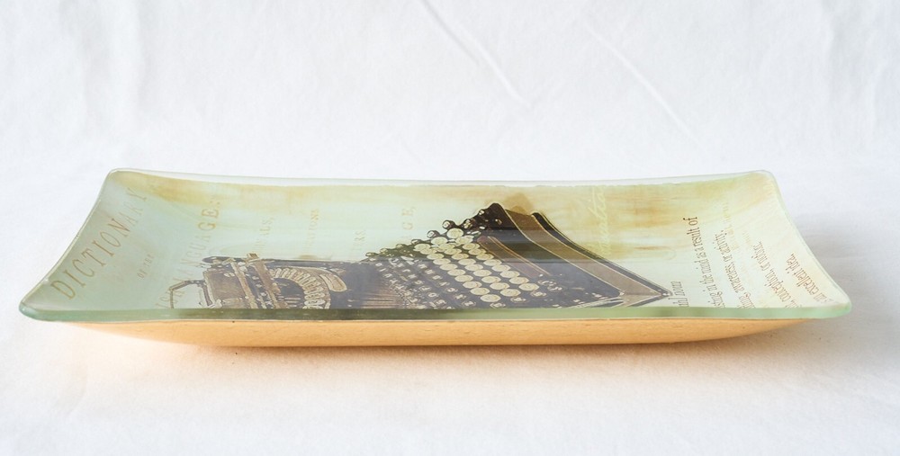 POTTERY BARN Decoupage Tray Typewriter Idea Rectangular Glass Gold Trinket Dish