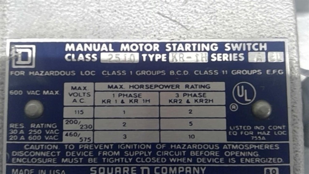 Square D 25190 Manual Motor Starting Switch Broken Toggle Switch