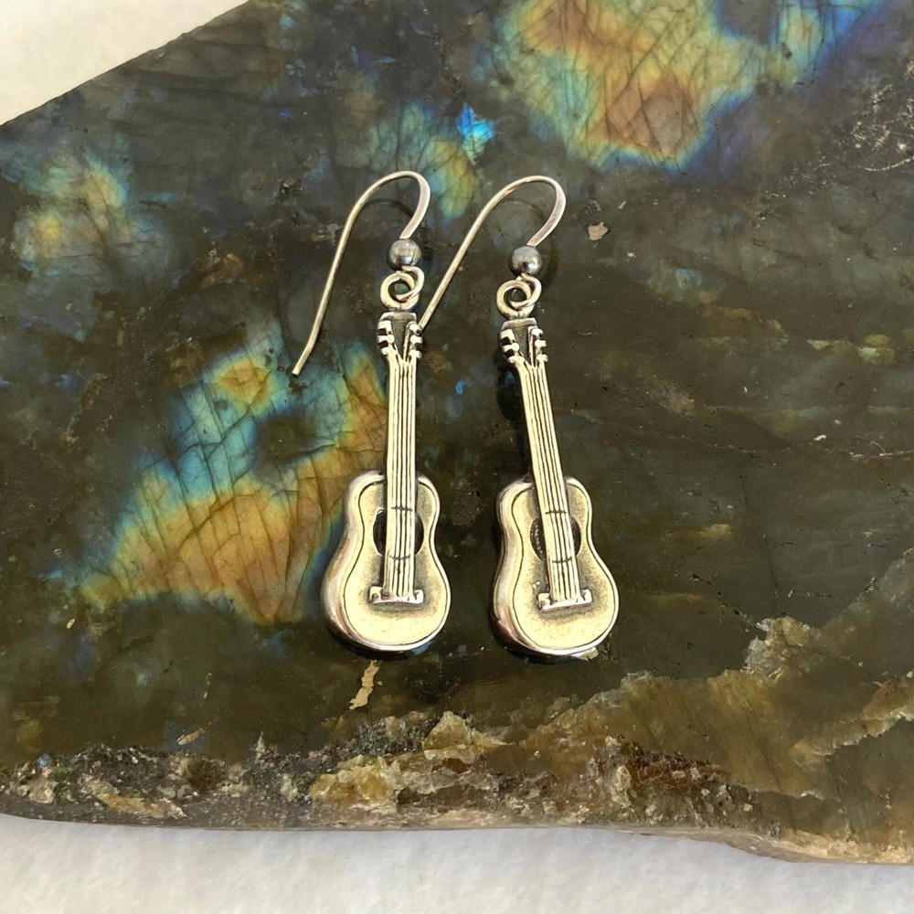 Sterling Silver 925 1.75" String Guitar Music Themed Dangle Drop Earrings