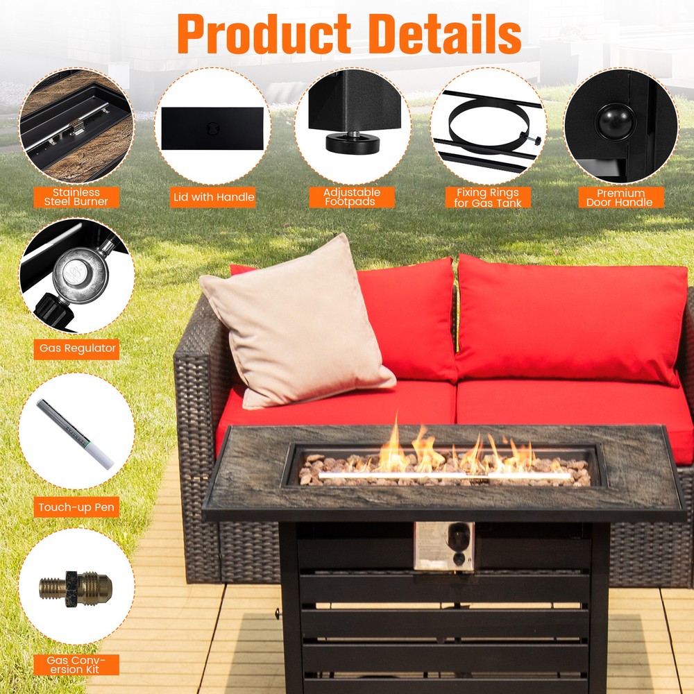 42" Rectangular Propane Fire Pit Table 50,000 BTU W/ Lava Rocks & PVC Cover