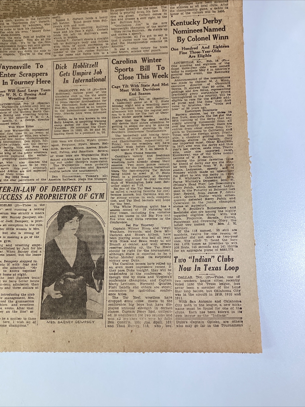 Ashville NC Newspaper Feb 19, 1933 Boxer Jim Corbett Dempsey Lou Gehrig Haverty