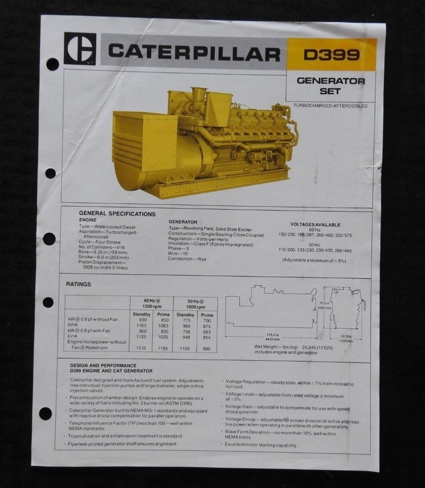 1977 GENUINE CATERPILLAR D399 DIESEL GENERATOR ENGINE SET SPECIFICATION BROCHURE