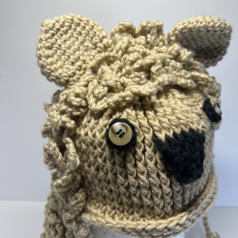 Crocheted Owl Beanie Hat with Earflaps & Dangling Pompoms Handcrafted/Handmade