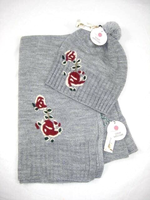 Studio Workshop Womens Floral Embroidered Knit Wool Scarf Hat 2pc Set Gray Multi
