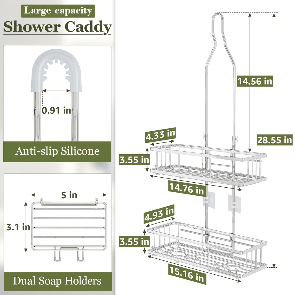 Skyapex Shower Caddy Hanging: Adjustable Height, Rustproof Shelves with Hooks, 2