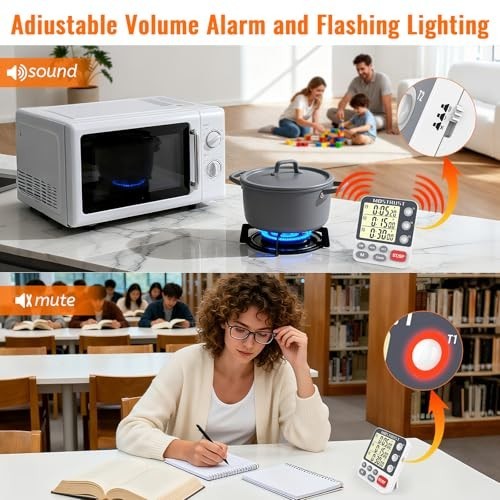 "Digital Dual Kitchen Timer - 3 Channel Countdown, Large Display, Adjustable Ala