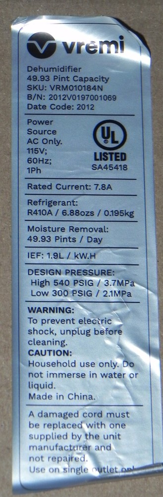 VREMI Dehumidifier Parts: Bucket full control switch