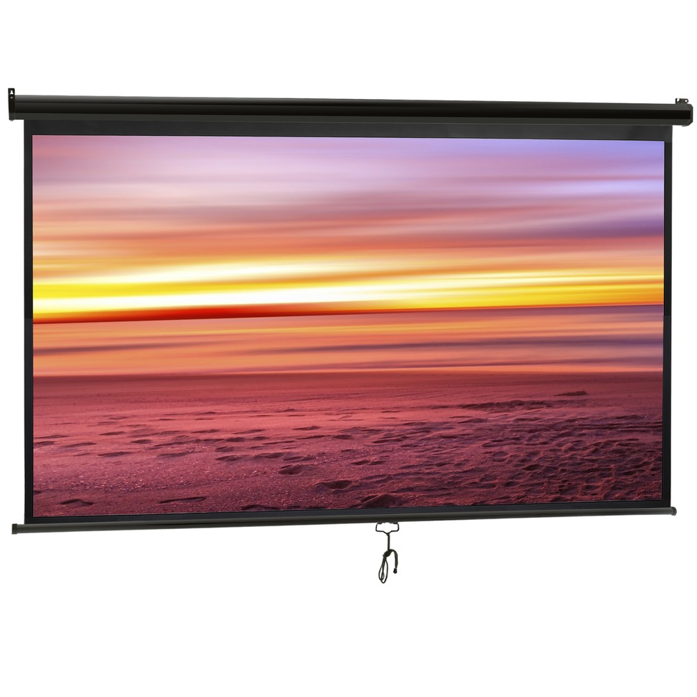 100" Projector Screen Pull Down Manual 16:9 HD Ceiling Wall Mount Black Portable
