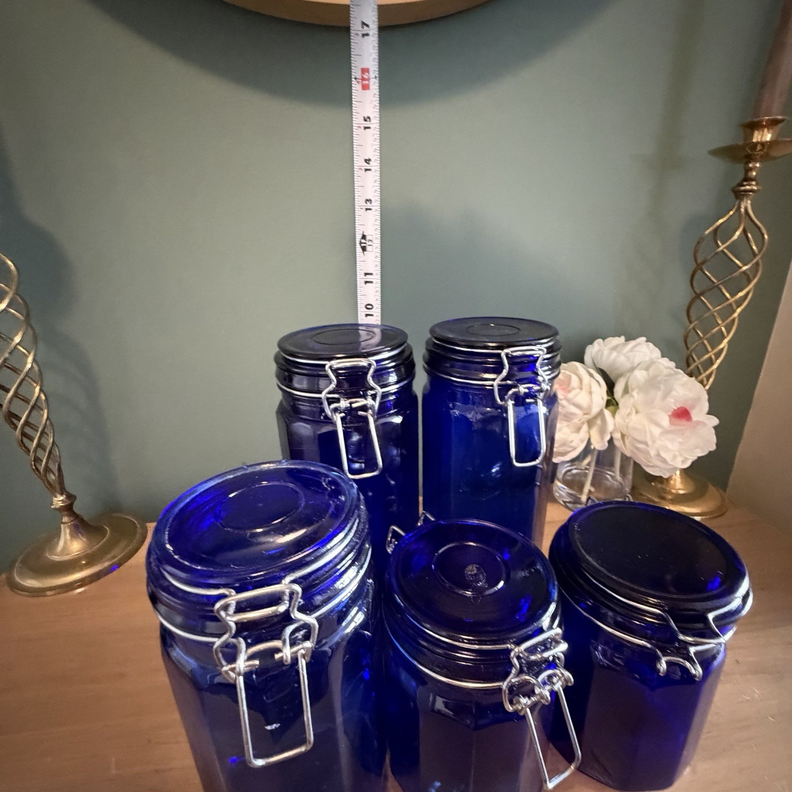 Vintage Cobalt Blue Glass Canister Set 5 Wire Bale Jars Italian Glass