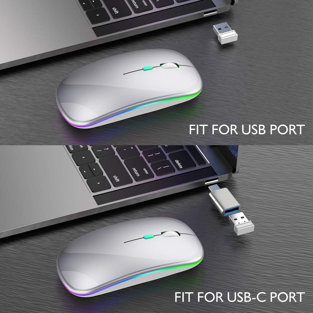 Rechargeable Wireless Bluetooth Mouse for MacBook Laptop PC Dual Mode Silver