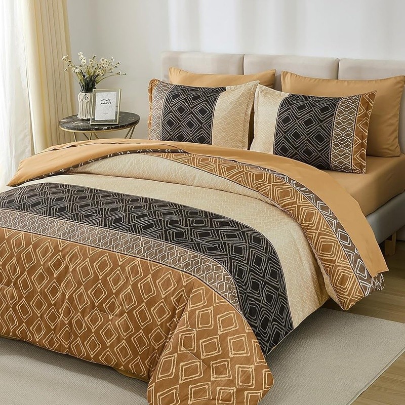King Comforter Set Striped Bed in a Bag King 7 Pc Soft Boho Bedding Brown