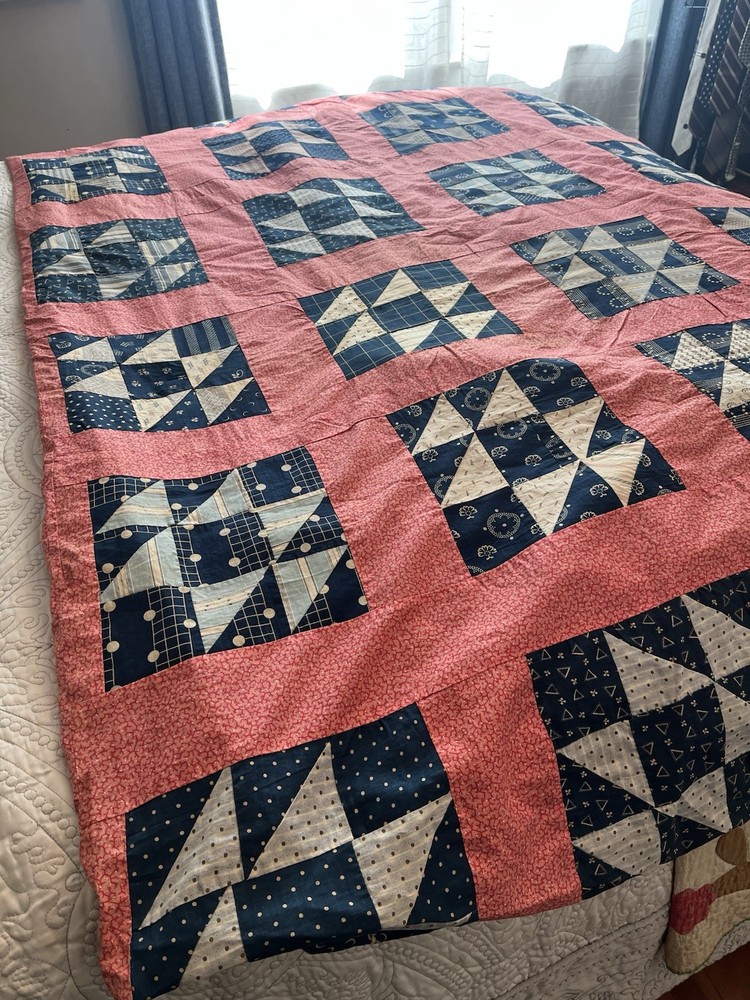 Vintage Handmade Quilt Indigo Pink Patchwork Bedspread