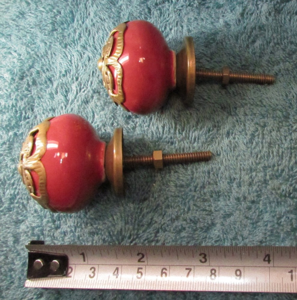 Set of 2 Large RED Round CERAMIC KNOBS with Brass Flower Decorative Drawer Pulls