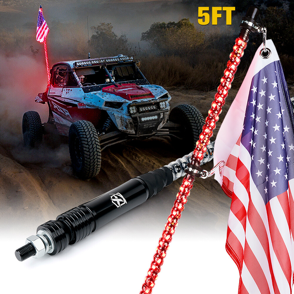 5FT RED Spiral LED Whip Lights G3 Series with USA Flag For Jeep ATV UTV RZR SXS