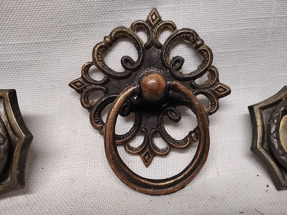 Antique Victorian Brass Drop Ring Drawer Pull Handle Knobs lot of 5