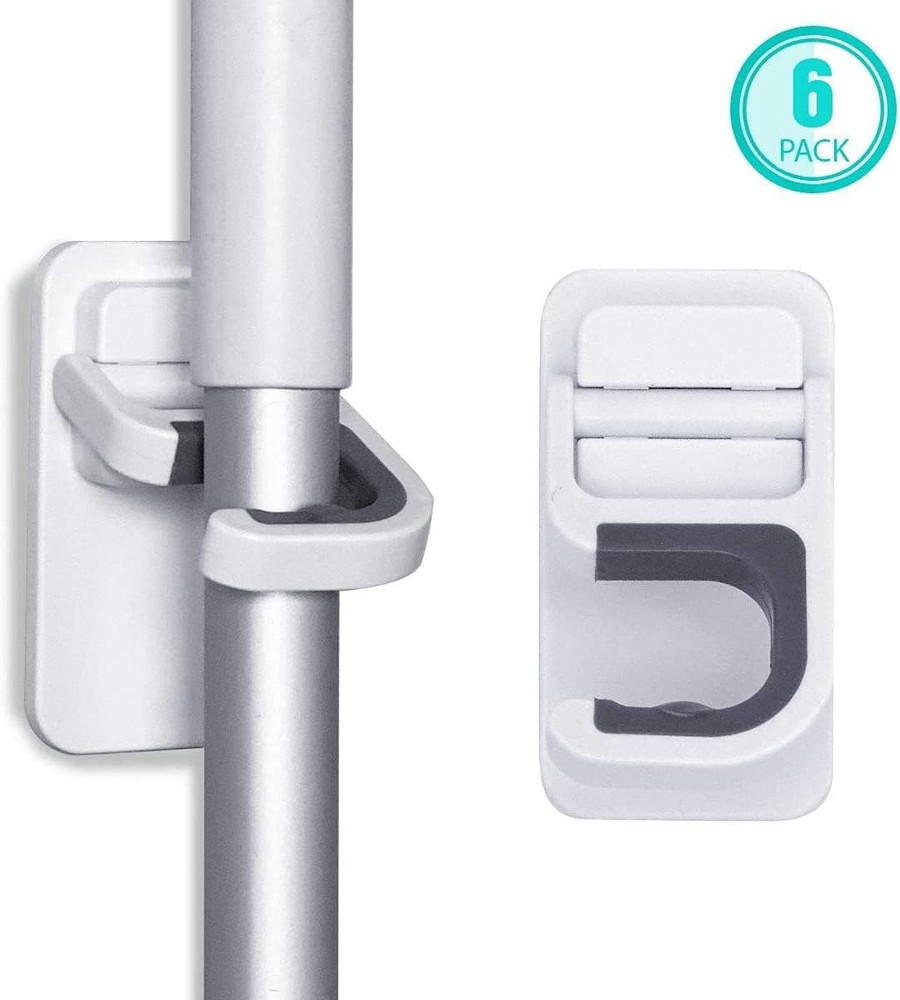 Broom Holder Wall Mount, Mount Self Adhesive, White-6pack