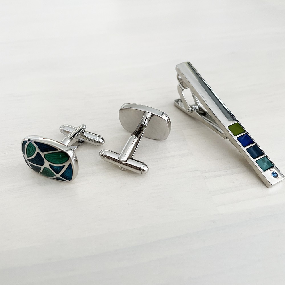 Cufflinks Button Tie Pin Set Aqua Blue Color