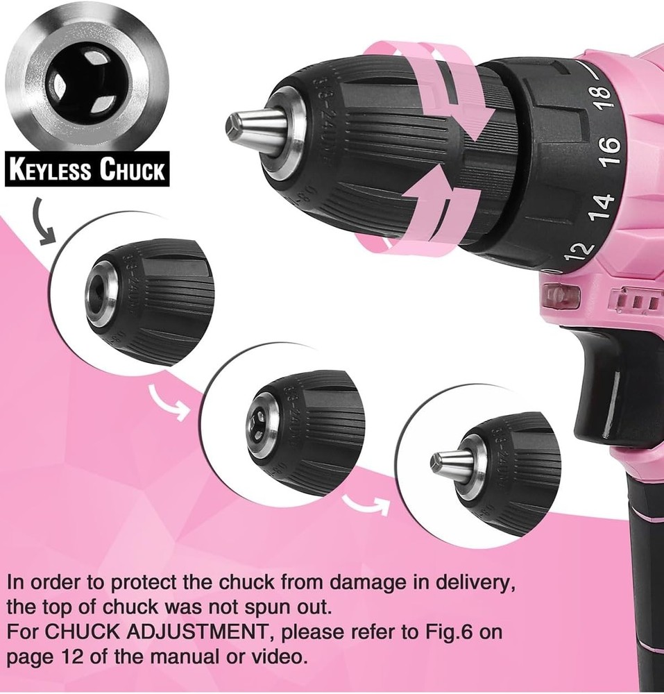 Ergonomic 12V Pink Cordless Drill Set with Variable Speed & LED Trigger Light