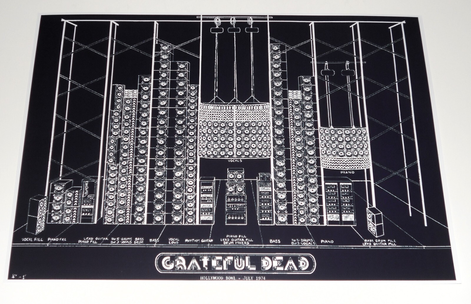 Grateful Dead Wall of Sound Black Schematic 1974 Hollywood Bowl Poster 19"x13"