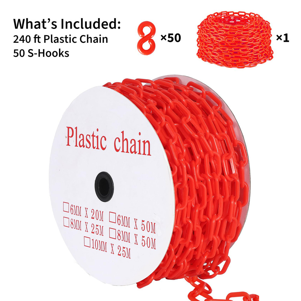 240FT Red Plastic Barrier Chain 6MM Thick Included 50 Hooks for Crowd Control