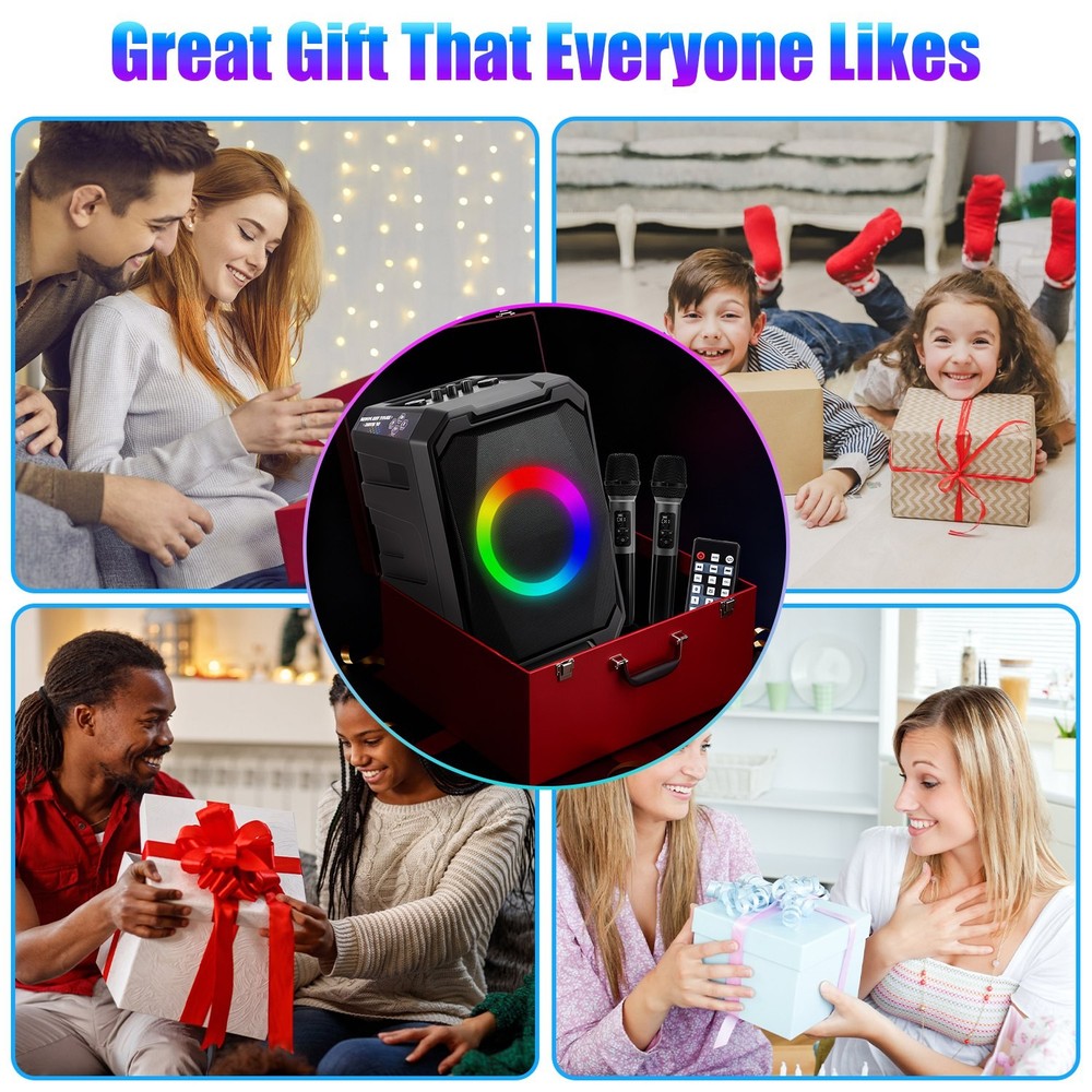 Portable Wireless Party Speaker W/ LED Light &2 Wireless Mics Remote Control