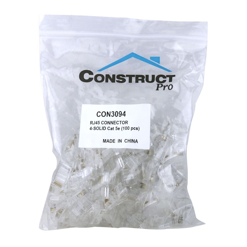 Construct Pro RJ45 Cat5e Connectors for Solid & Stranded Wires (Qty. 100, Clear)
