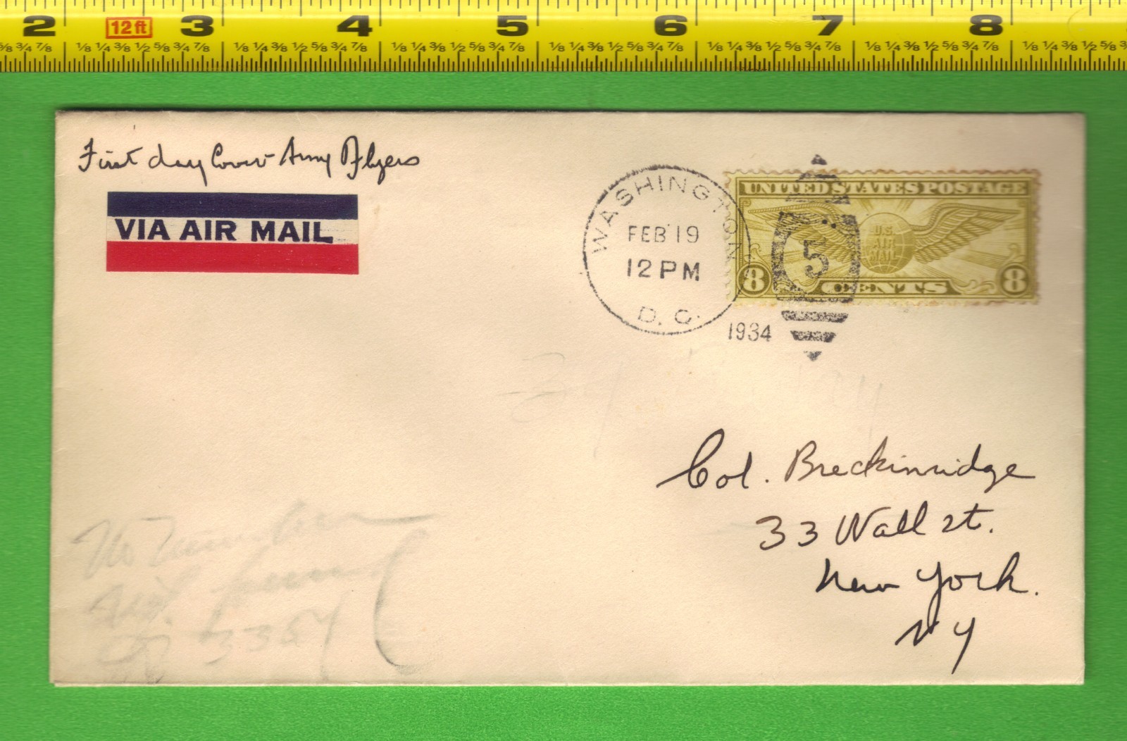 1934 Airmail Cover Sc# C17 8c Stamp H. Freeborn Johnston / Col. Breckinridge (32