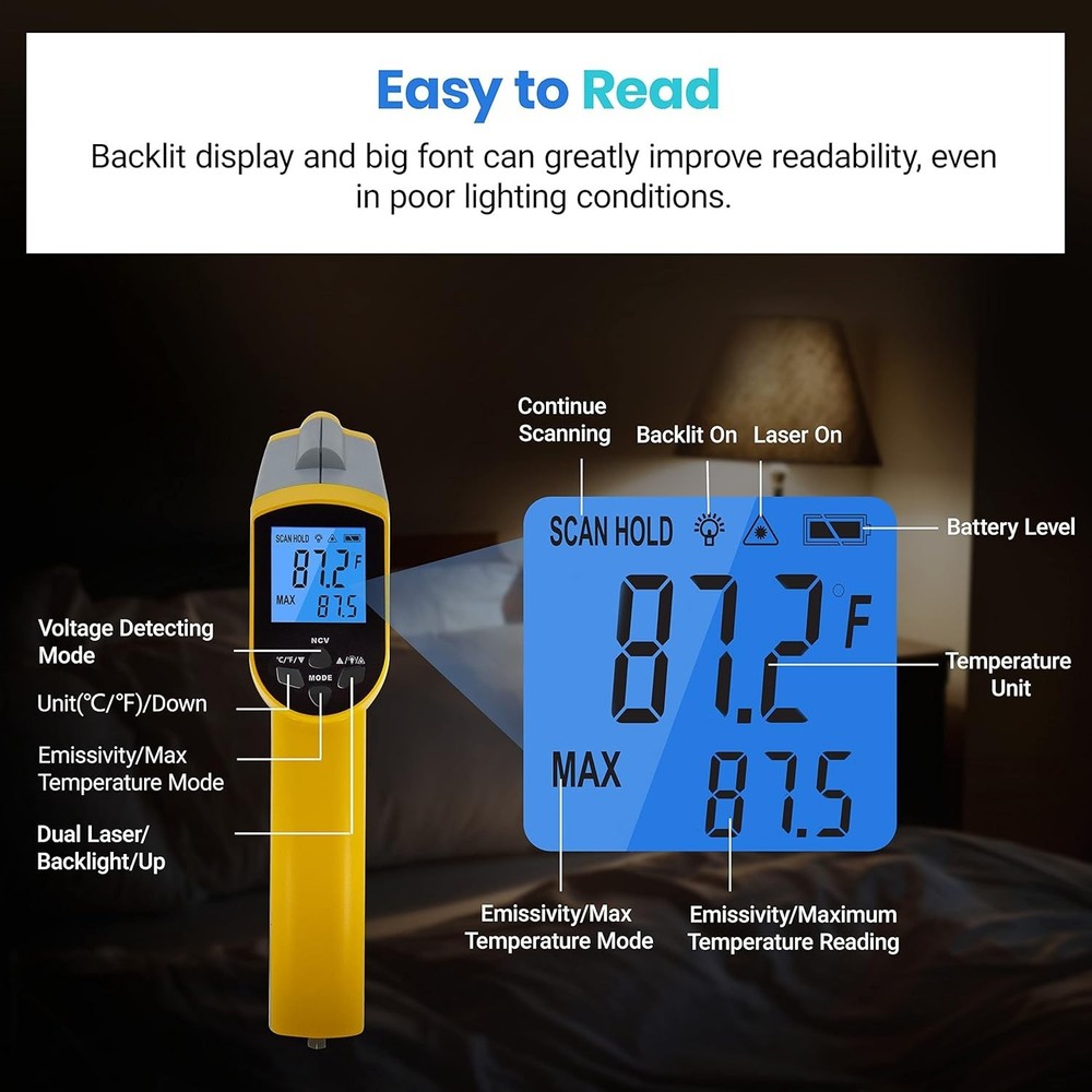 Adjustable Emissivity Infrared Temperature Gun, -50℃~550℃, Fast Reading System