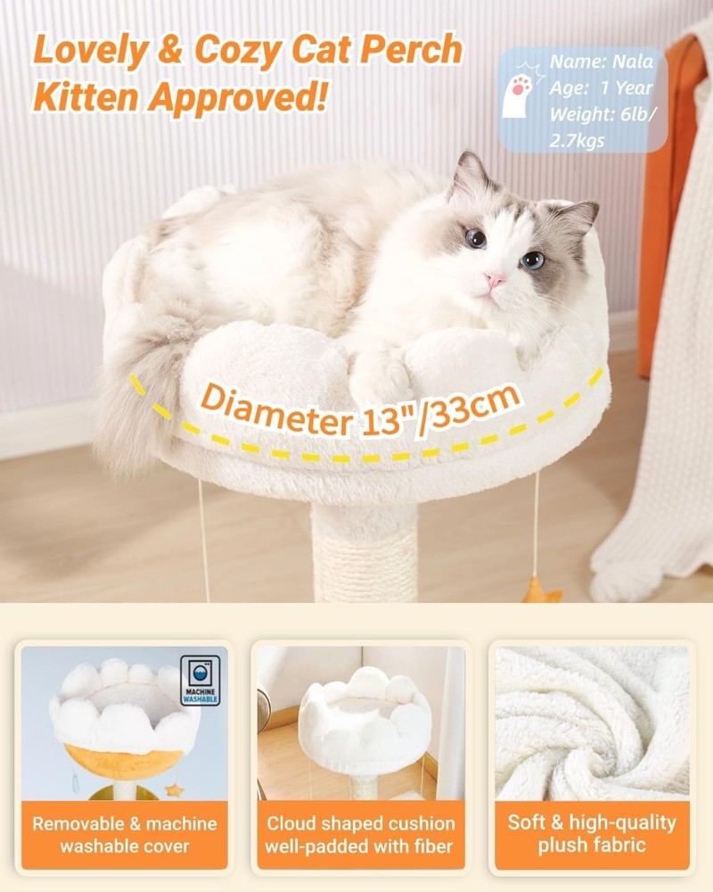 Multi-Functional Cat Tree with Plush Cloud Perch & Built-In Toys - 22"