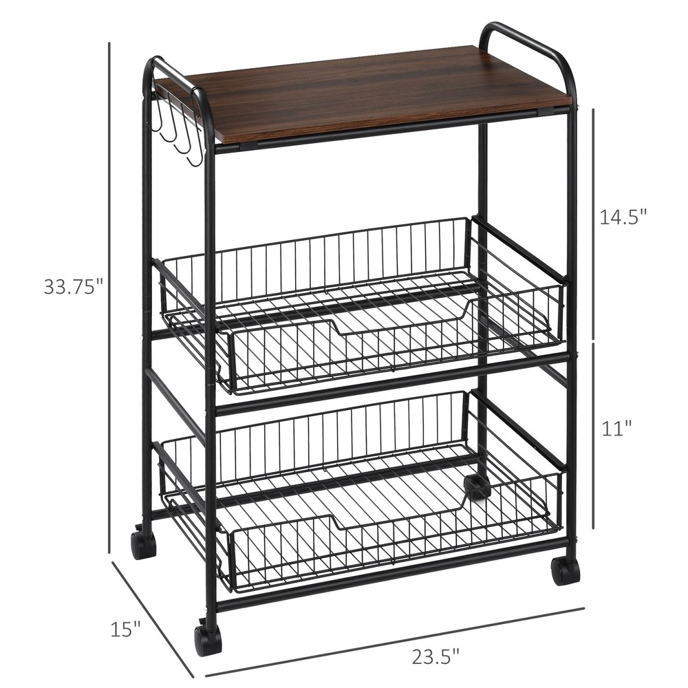 3 Tier Kitchen Cart on Wheels w/ 2 Sliding Baskets & Side Hooks, Walnut